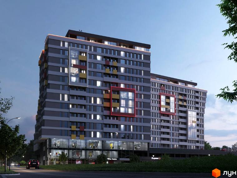 Житловий комплекс Bauhaus - це сучасна багатоповерхова новобудова з яскравими фасадами та великими вікнами. Територія навколо будинку озеленена деревами та кущами.