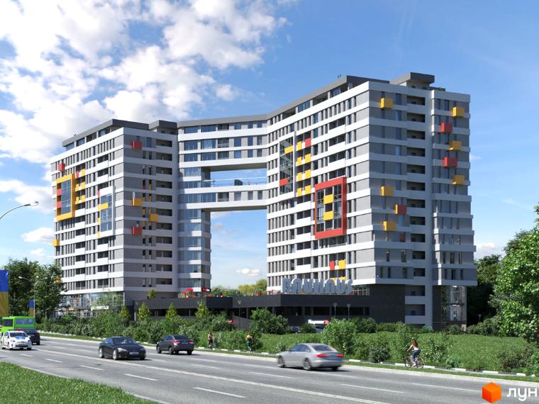 Житловий комплекс Bauhaus - це багатоповерхова новобудова з яскравими кольоровими акцентами та проходом між секціями. Навколо комплексу зелена зона з дорогою та автомобілями.