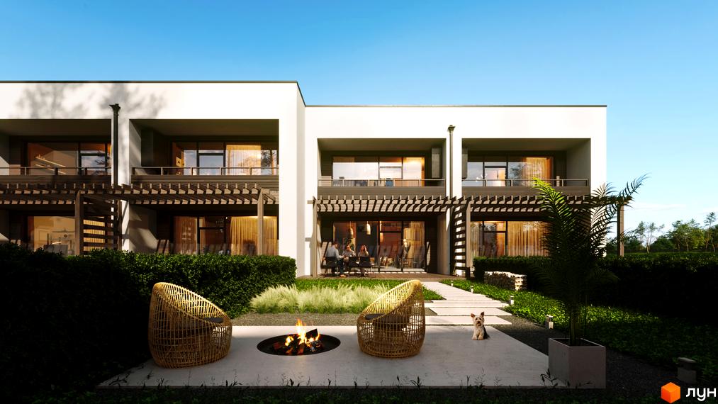 Котеджне містечко КМ Zenhouz. Зовнішній вигляд будинку з терасами та внутрішнім двориком з каміном та зонами відпочинку.