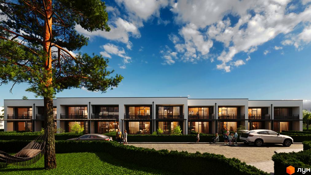 Котеджне містечко КМ Zenhouz: фасади будинків з панорамними вікнами та балконами, зелена прибудинкова територія з деревами, кущами та місцями для відпочинку.