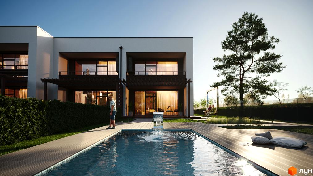 Котеджне містечко KM Zenhouz: двоповерхові будинки з великими вікнами та балконами, басейн, зелена зона з деревами та гойдалкою.