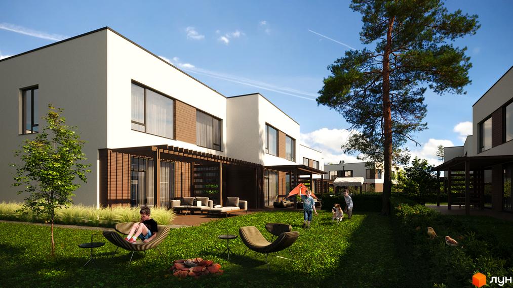 Котеджне містечко Zenhouz: двоповерхові будинки з панорамними вікнами та дерев'яними елементами фасаду. Зелена прибудинкова територія з дитячим майданчиком та зонами відпочинку.