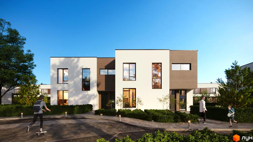 Котеджне містечко КМ Zenhouz: фасади будинків з білою та коричневою обшивкою, великі вікна, перед будинками зелені зони та доріжки.