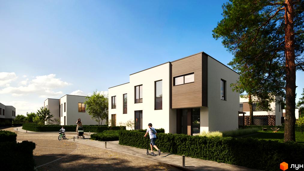 Котеджне містечко КМ Zenhouz: двоповерхові будинки з білою та коричневою обробкою, великими вікнами та доглянутою зеленою територією. Навколо будівель розташовані акуратні кущі та дерева.