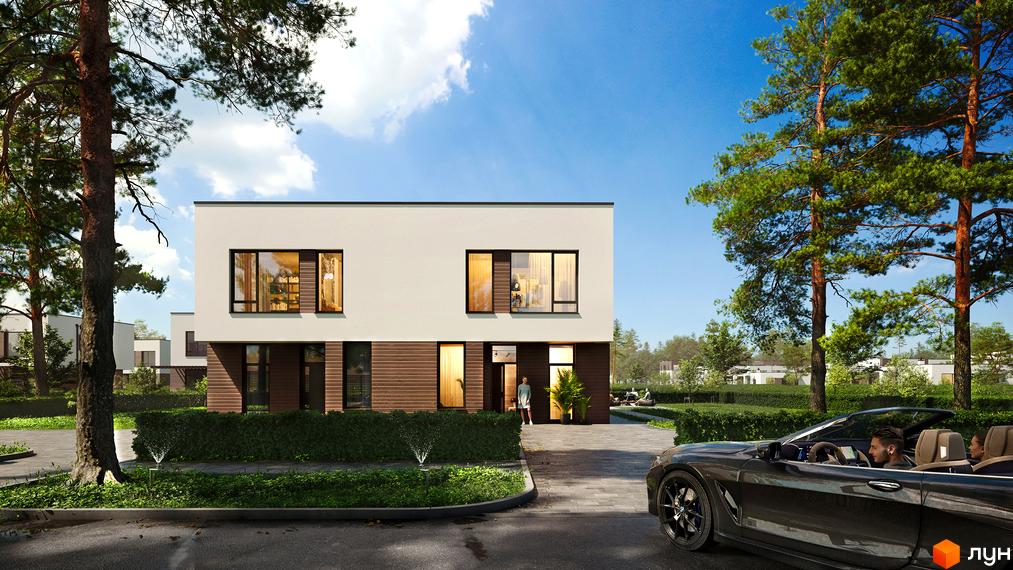 Котеджне містечко Zenhouz: двоповерховий будинок з панорамними вікнами та дерев'яним оздобленням фасаду, прибудинкова територія з доглянутим газоном та хеджем.