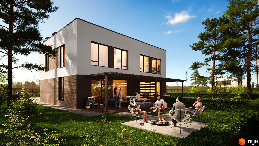 Котеджне містечко Zenhouz: двоповерховий будинок з великими вікнами та терасою, оточений зеленою ділянкою з місцем для відпочинку біля вогнища.