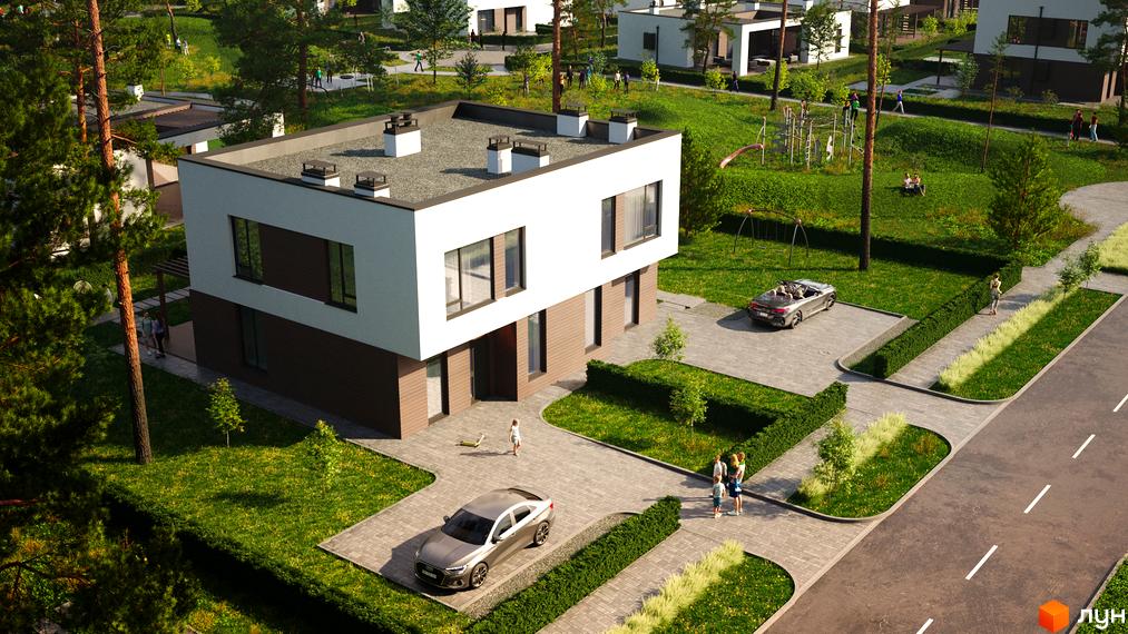 Котеджне містечко КМ Zenhouz: двоповерховий будинок з білою та коричневою обробкою, великими вікнами та пласким дахом. На прибудинковій території зелені газони, доріжки з бруківки та дерева.