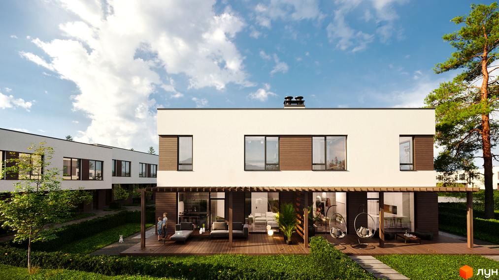 Котеджне містечко Zenhouz: двоповерхові будинки з великими вікнами та дерев'яними елементами фасаду, огороджена тераса з зонами відпочинку.