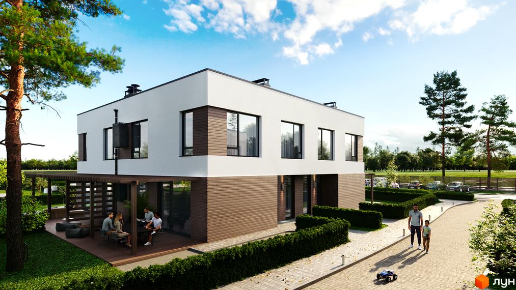 Котеджне містечко КМ Zenhouz: двоповерховий будинок з панорамними вікнами та терасою, зелена прибудинкова територія з доріжками та деревами.