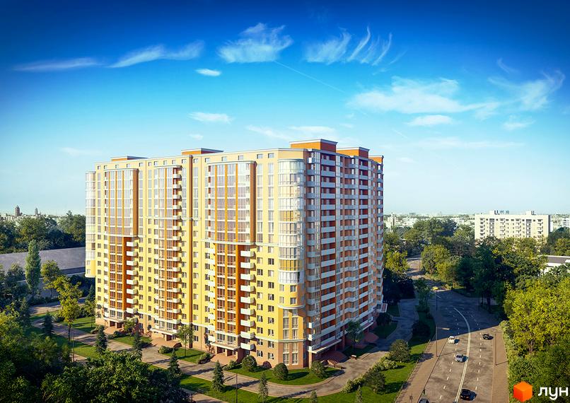 Багатоповерховий житловий будинок Житлового комплексу Новомостицький жовтого кольору з балконами та великими вікнами, оточений зеленими деревами та дорогами.