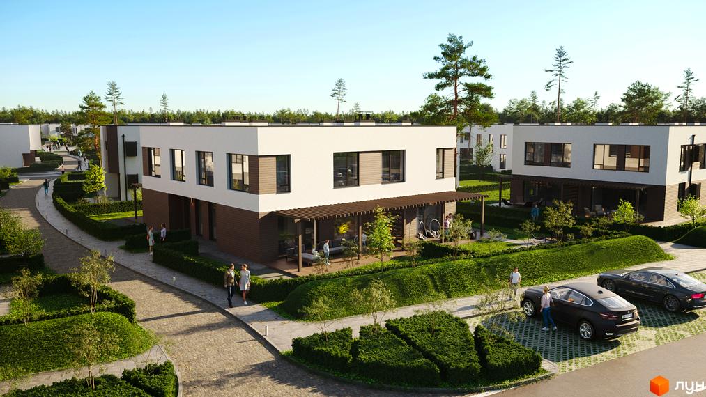 Котеджне містечко Zenhouz: двоповерхові будинки з білими фасадами та коричневими елементами, терасами та зеленими прибудинковими територіями. Навколо будівель розташовані доглянуті газони, кущі та дерева.