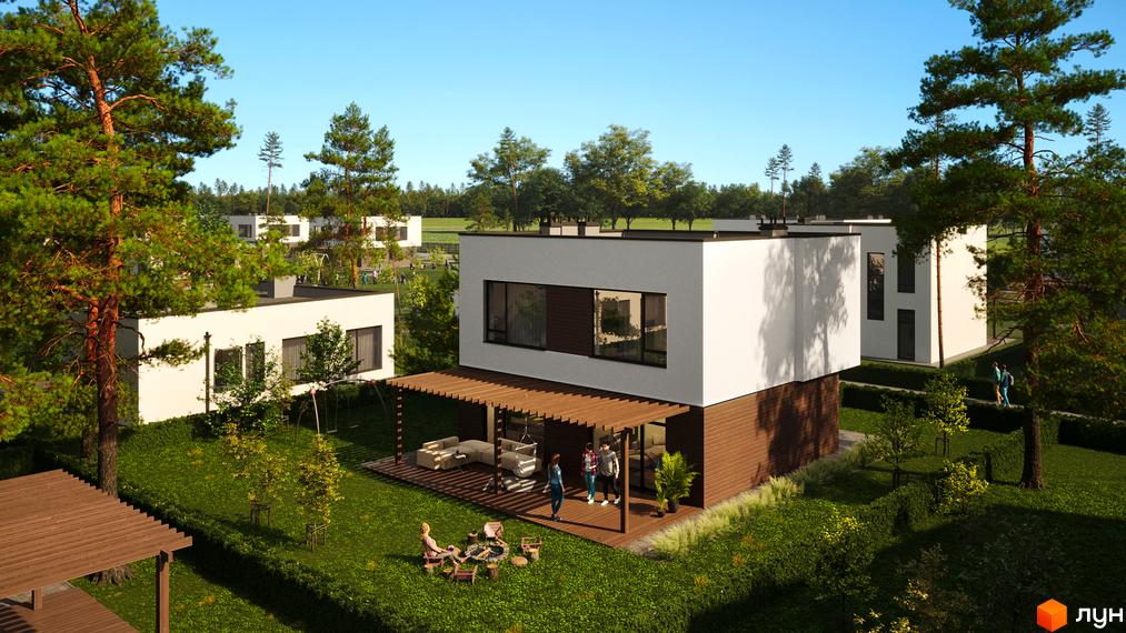 Котеджне містечко Zenhouz: білі двоповерхові будинки з великими вікнами та дерев'яними елементами, розташовані серед сосен та зелених газонів.