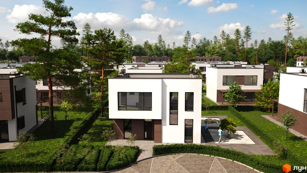 Котеджне містечко Zenhouz: білі двоповерхові будинки з великими вікнами та коричневими вставками, зелені газони та дерева навколо.