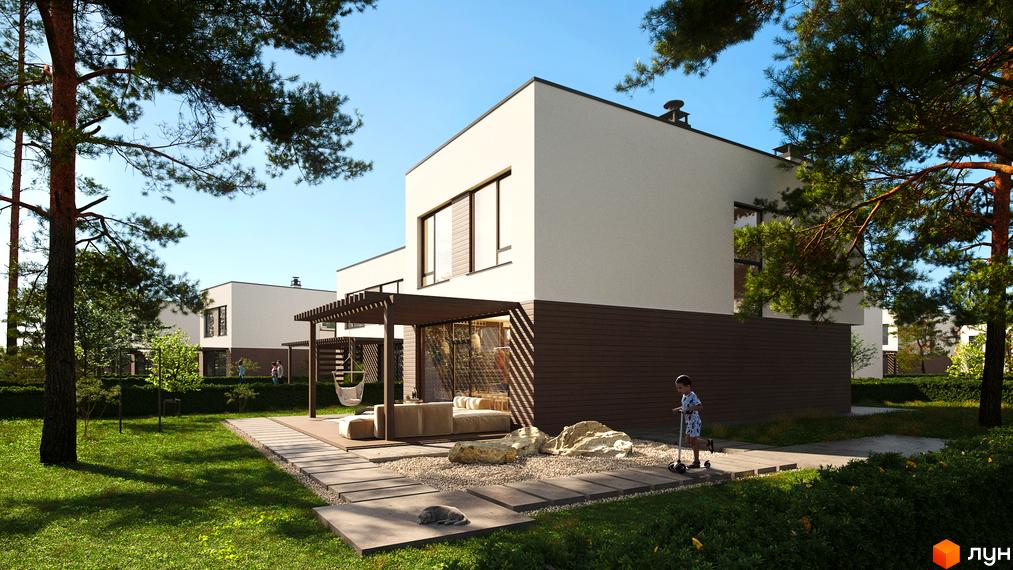 Котеджне містечко Zenhouz: двоповерхові будинки з панорамними вікнами та терасами, доглянутий зелений двір з доріжками та зонами відпочинку.