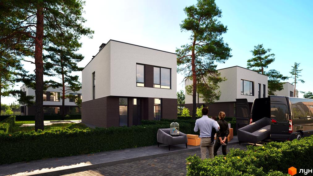 Котеджне містечко Zenhouz: двоповерхові будинки з білою та коричневою обробкою, вікнами, оточені зеленню та деревами. Біля будинку стоїть диван біля відкритої вантажівки.