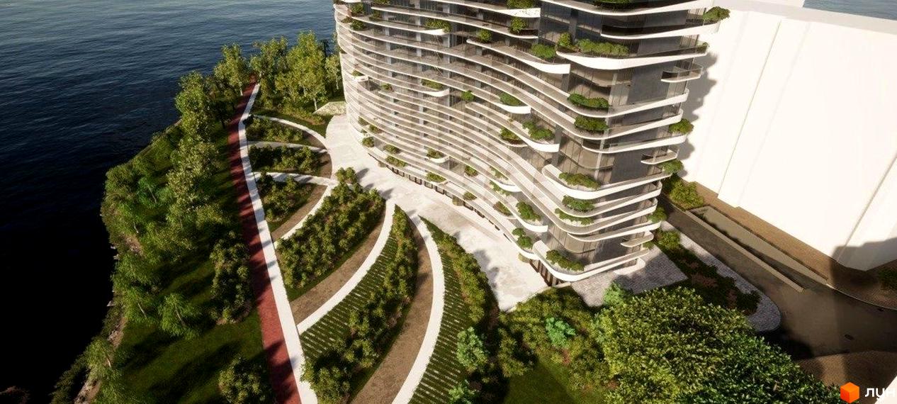 Житловий комплекс Lake Park з хвилястою архітектурою та зеленими терасами, оточений парковою зоною та набережною.