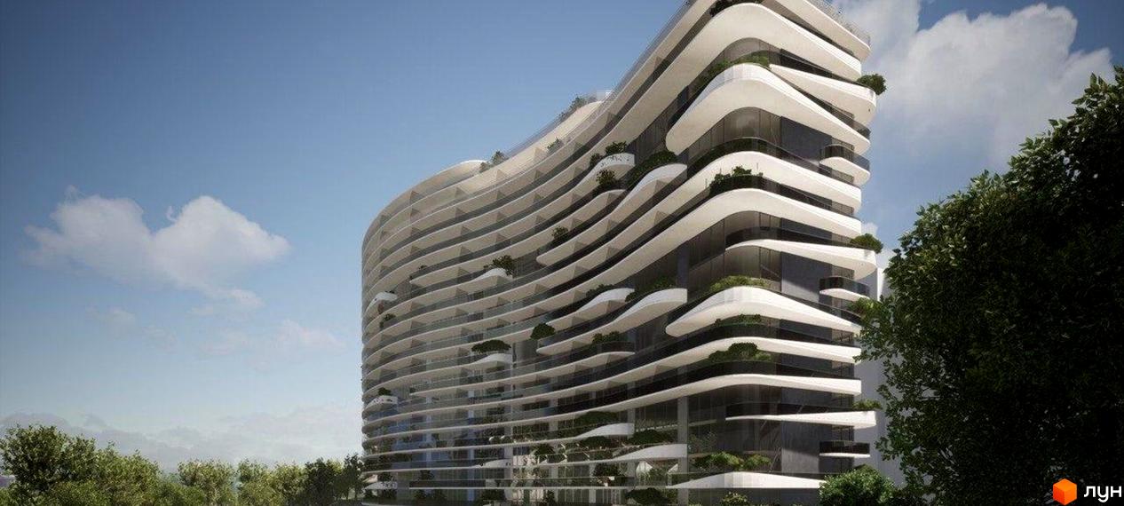 Житловий комплекс Lake Park з хвилястими білими фасадами та зеленими терасами. Навколо комплексу розташовані дерева та зелені насадження.