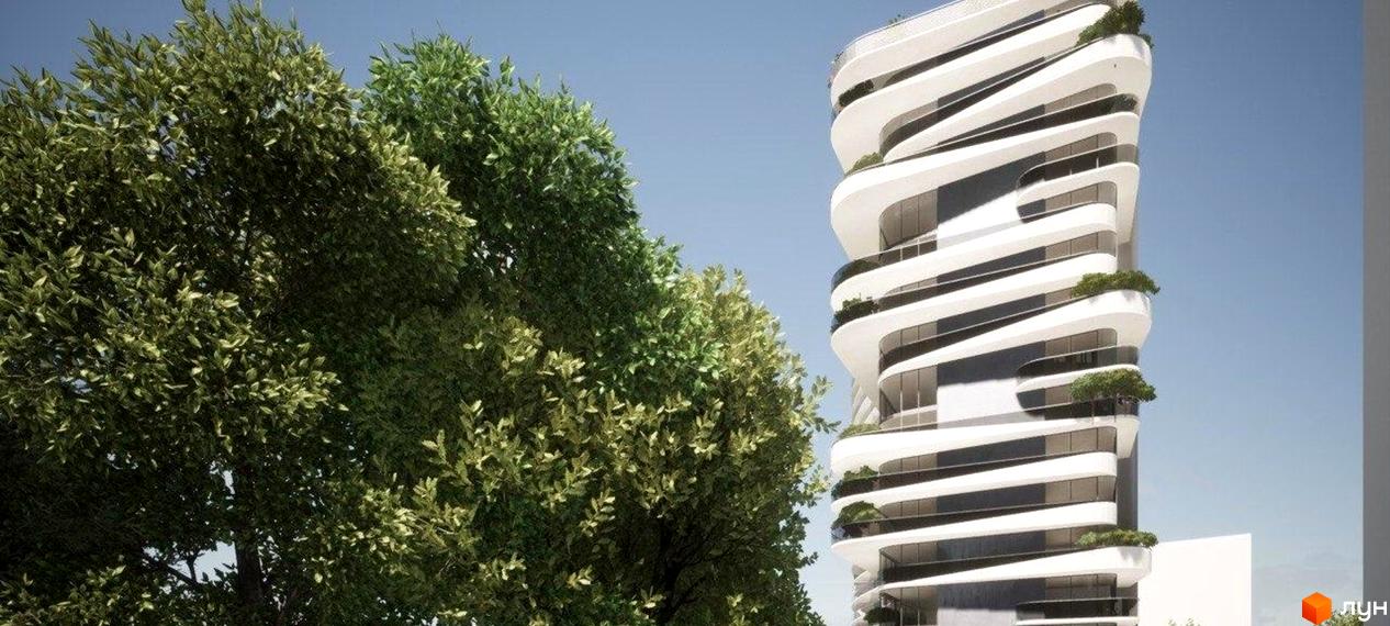 Житловий комплекс Lake Park з хвилястим фасадом та скляними балконами, оточений зеленню дерев. Сучасна архітектура новобудови біля парку.