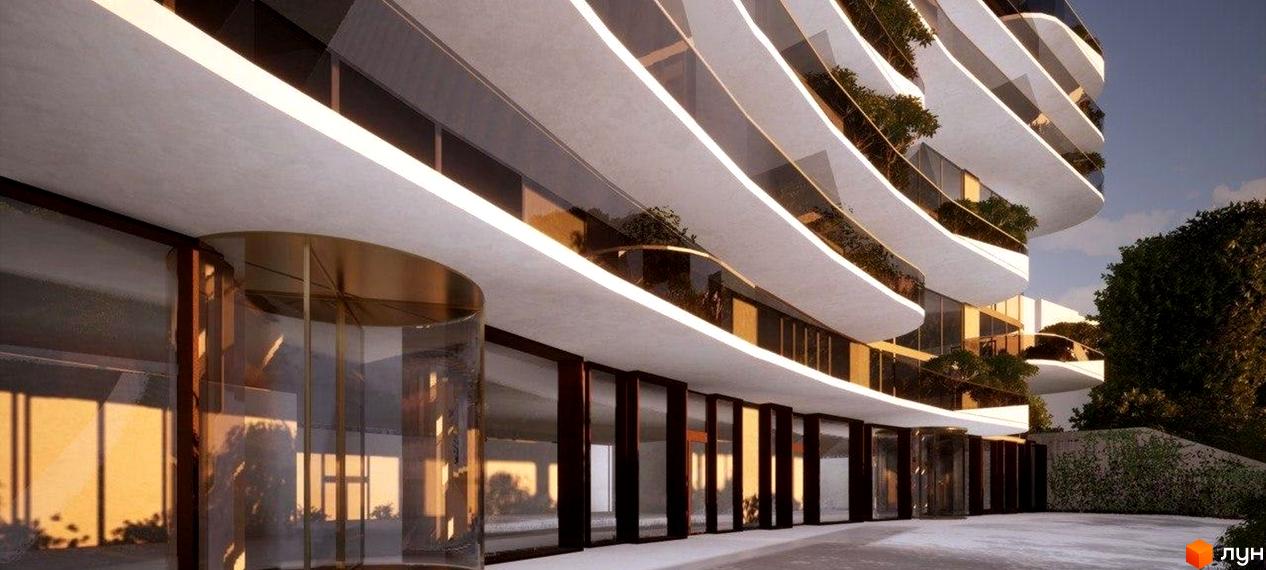 Житловий комплекс Lake Park з вигнутими фасадами та скляними балконами, що виходять на зелену територію.