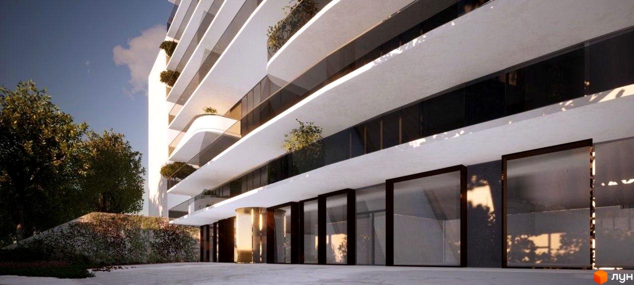 Житловий комплекс Lake Park з вигнутими балконами та панорамними вікнами. Навколо комплексу зелена прибудинкова територія з деревами.