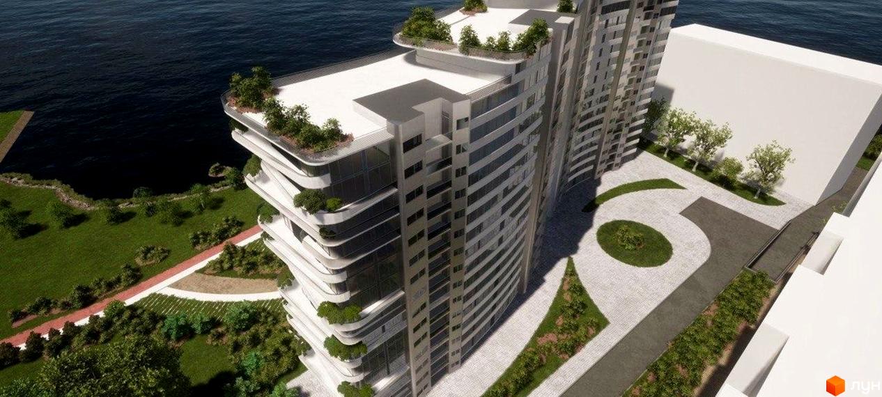 Житловий комплекс Lake Park з вигнутими фасадами та зеленими терасами, що виходить на воду. Навколо комплексу облаштована прибудинкова територія з доріжками та газонами.
