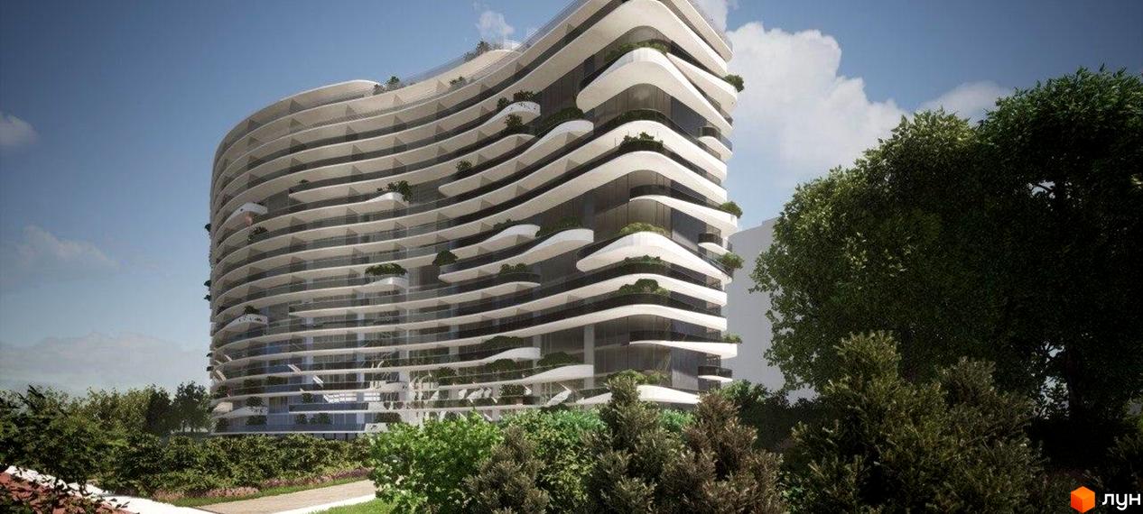 Житловий комплекс Lake Park з хвилястими балконами та зеленню на терасах. Навколо комплексу розташовані дерева та кущі.