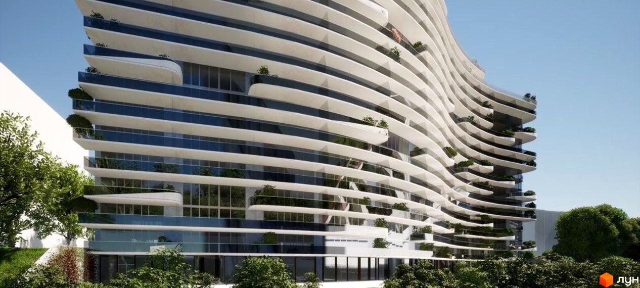 Житловий комплекс Lake Park з хвилястими фасадами та скляними балконами, оточений зеленню. Зовнішній вигляд новобудови з виступаючими елементами та рослинністю на терасах.