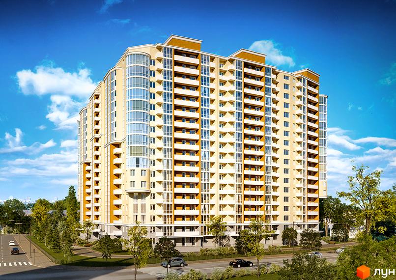 Житловий комплекс Новомостицький: багатоповерховий будинок світлого кольору з балконами та скляними фасадами, оточений зеленню та дорогою.