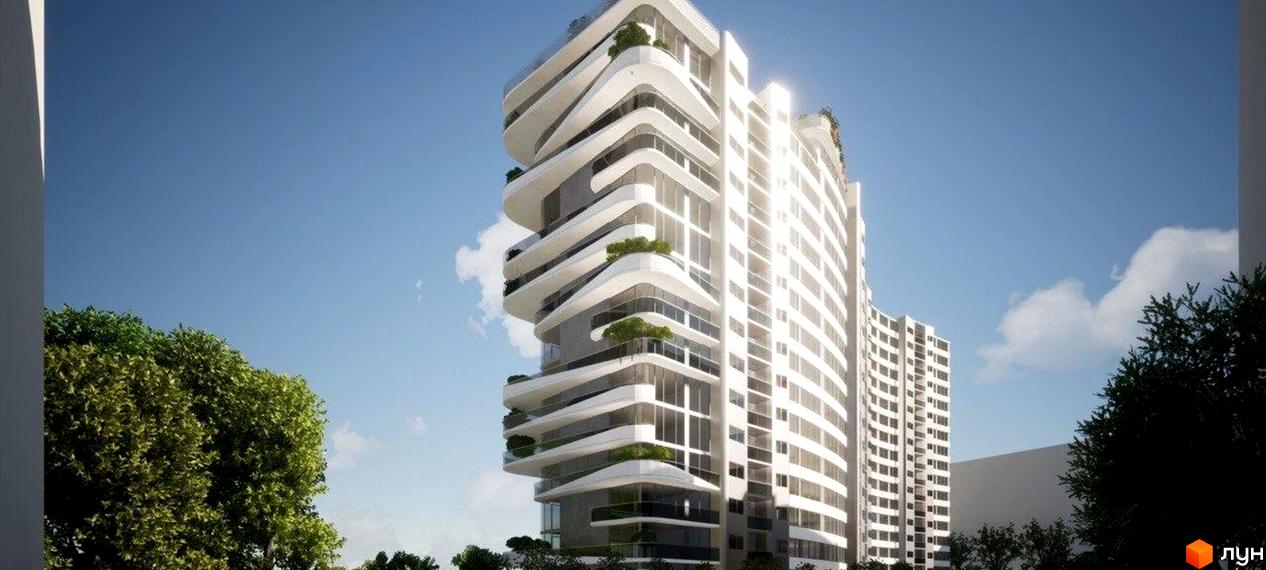 Житловий комплекс Lake Park з хвилястими балконами та скляними фасадами. Навколо комплексу зелені дерева та блакитне небо.