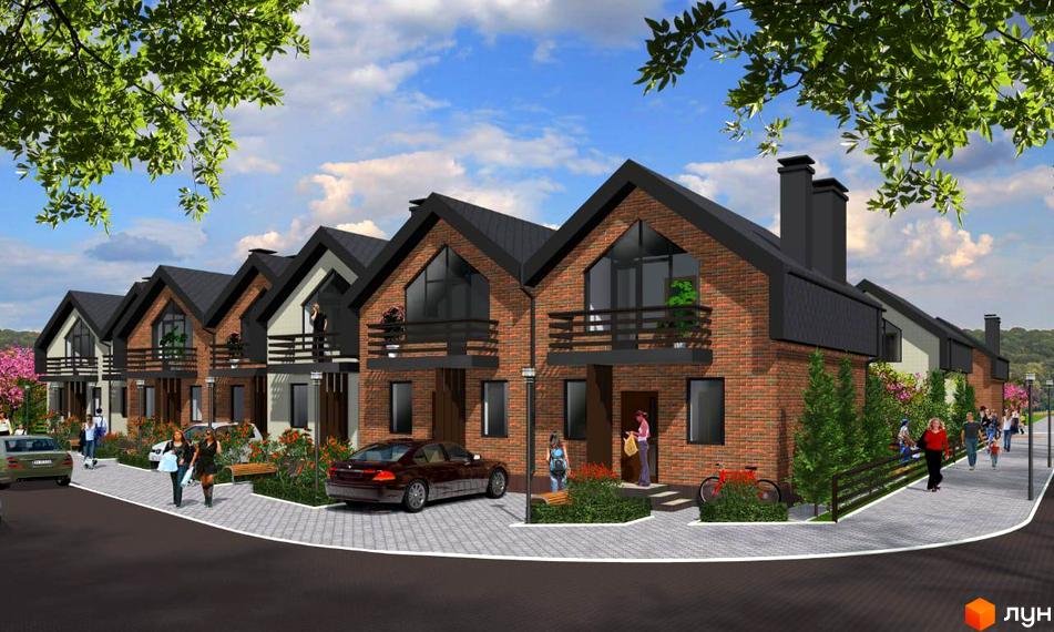 Зображення таунхаусів Modern House з червоної цегли з чорними дахами та великими вікнами. Навколо будівель облаштована прибудинкова територія.