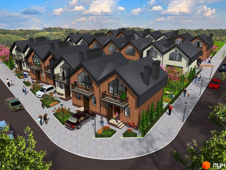 Зображення таунхаусів Modern House з червоної цегли з темними дахами. Навколо будинків розташована прибудинкова територія з тротуарами та зеленню.