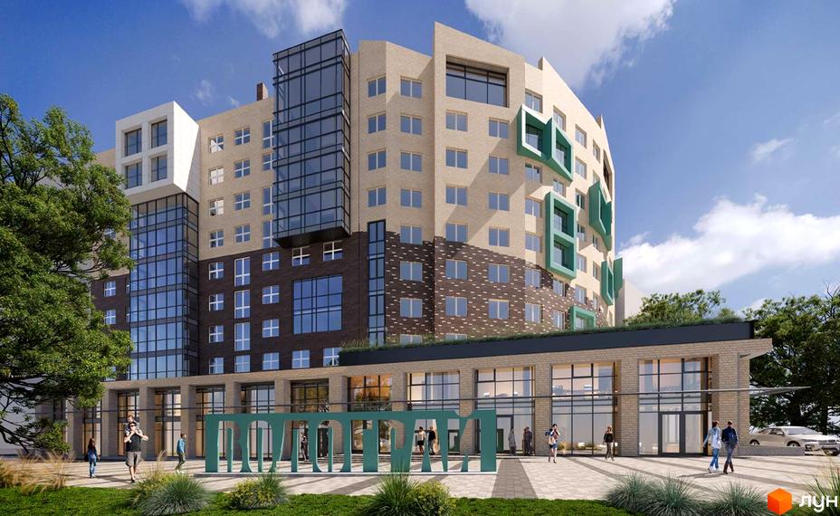 Новобудова Водограй: багатоповерховий будинок з цегляним фасадом, скляними секціями, зеленими елементами та облаштованою прибудинковою територією.