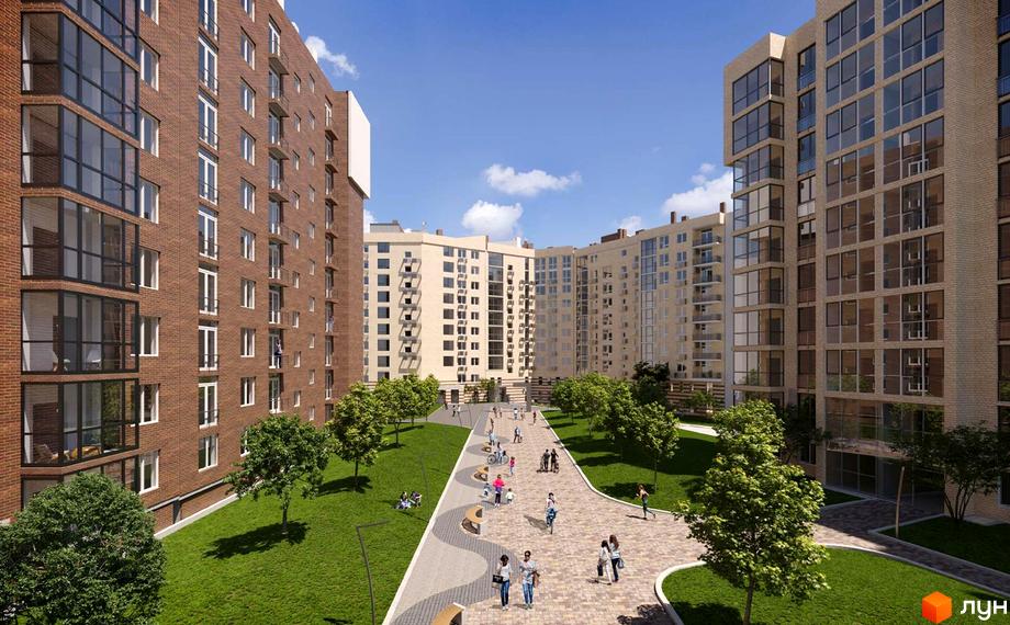 Житловий комплекс Водограй: багатоповерхові будинки з цегляними фасадами. Облаштований двір з доріжками, газонами, деревами та відпочиваючими людьми.