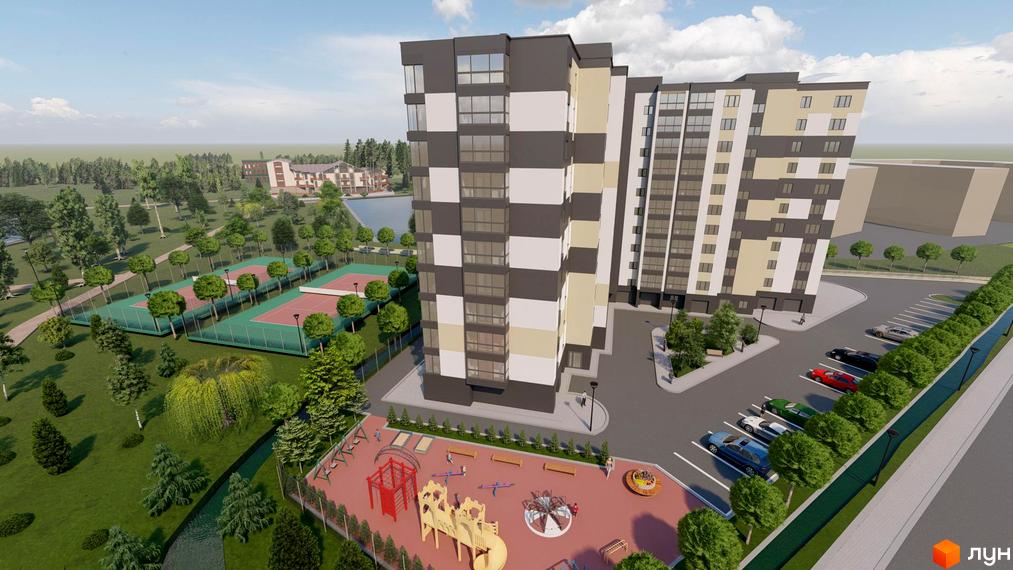 Житловий комплекс OZERO з багатоповерховими будинками та упорядкованою прибудинковою територією, що включає дитячий майданчик та тенісні корти.