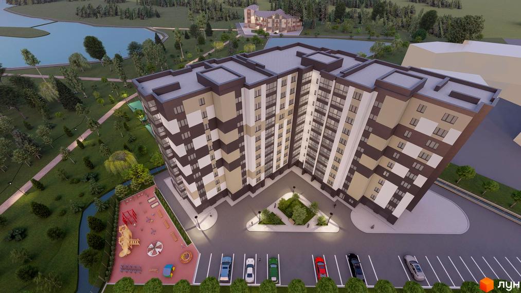 Житловий комплекс OZERO з багатоповерховими будинками та прибудинковою територією з дитячим майданчиком та парковкою.