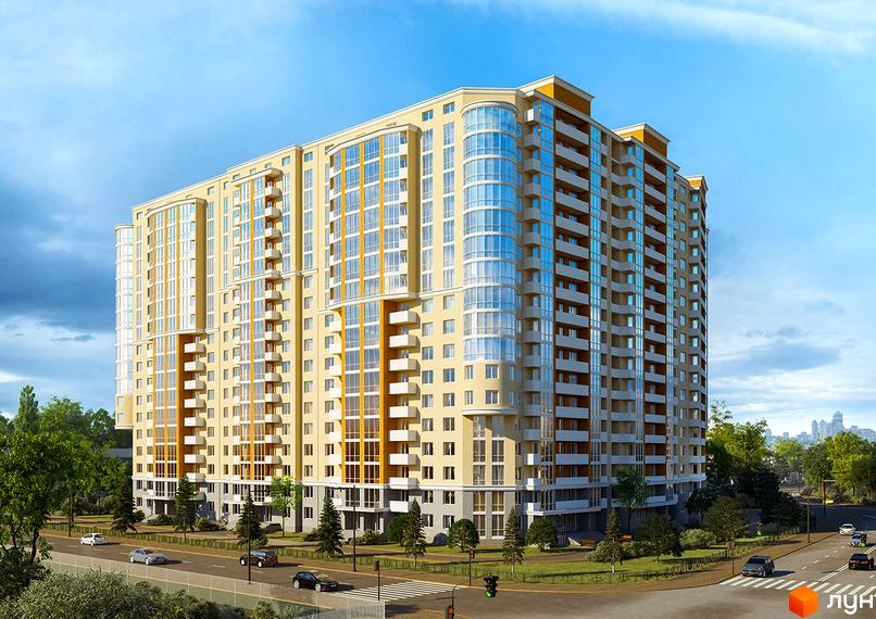 Житловий комплекс Новомостицький: багатоповерховий будинок світло-жовтого кольору з великими вікнами та балконами. Поруч дорога, дерева та зелені насадження.