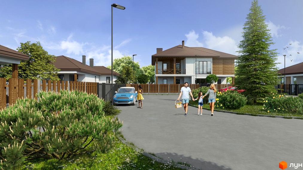 Котеджне містечко Hygge Village: двоповерхові будинки з коричневими дахами та великими вікнами, зелені дерева та доглянута прибудинкова територія з доріжками та кущами.