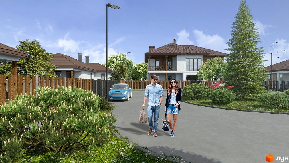 Котеджне містечко Hygge Village: сучасні будинки з акуратними дахами та зеленою прибудинковою територією. На зображенні пара прогулюється біля будинків.