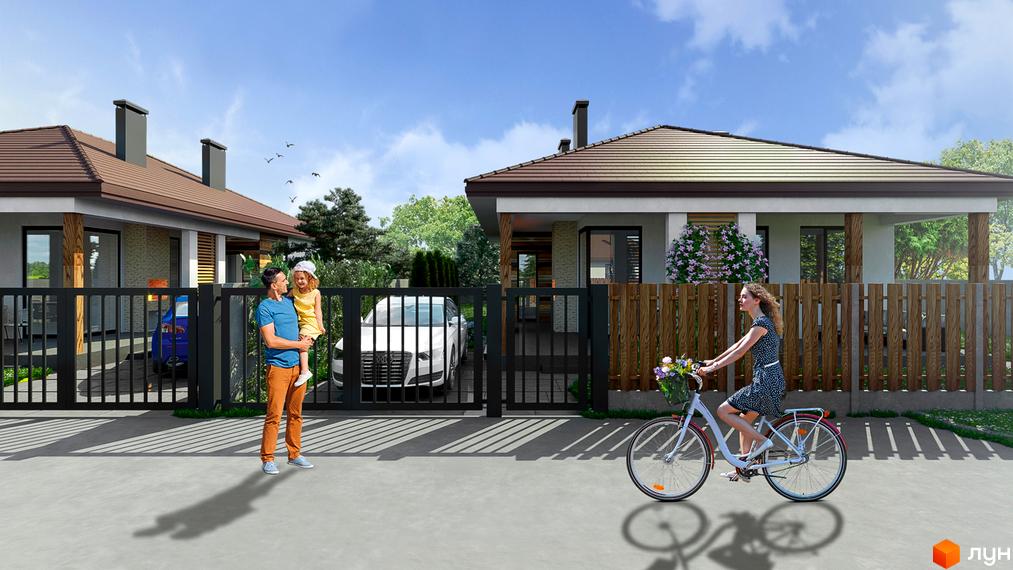 Котеджне містечко Hygge Village: сучасні будинки з коричневими дахами та дерев'яними парканами. На території є авто та люди.