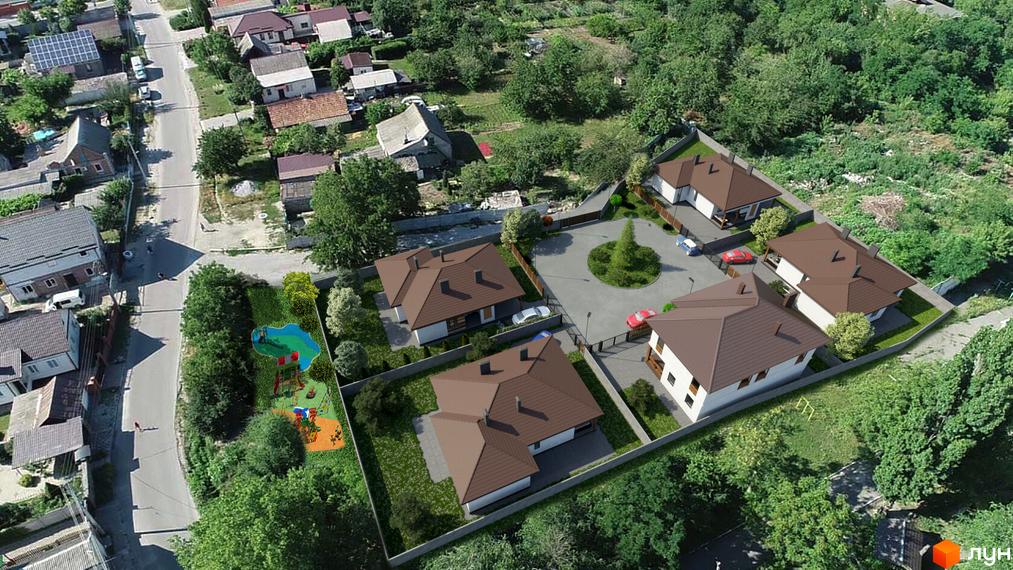 Котеджне містечко Hygge Village: вид згори на сучасні будинки з коричневими дахами та зелену прибудинкову територію з дитячим майданчиком.