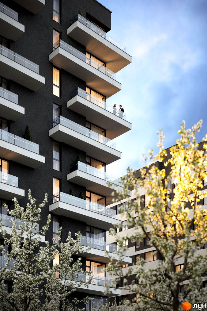 Зовнішній вигляд житлового комплексу Avalon Flex з балконами та вікнами, оточений квітучими деревами. Сучасна архітектура будинку в поєднанні з природою.