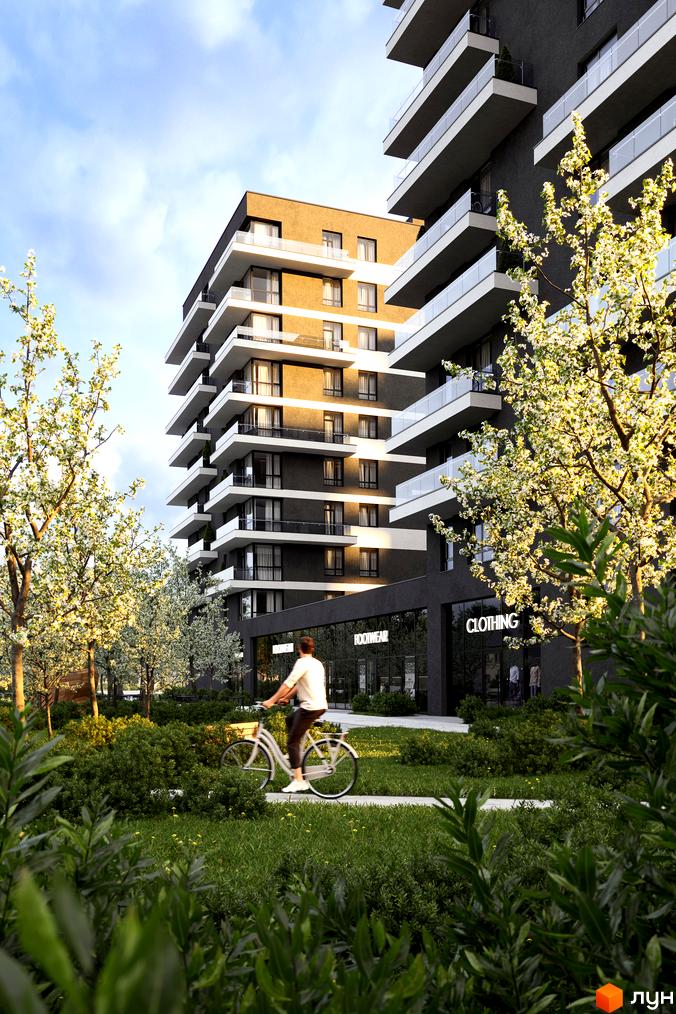 Зображення будівлі Житлового комплексу Avalon Flex з великими балконами та прибудинковою територією з зеленню.