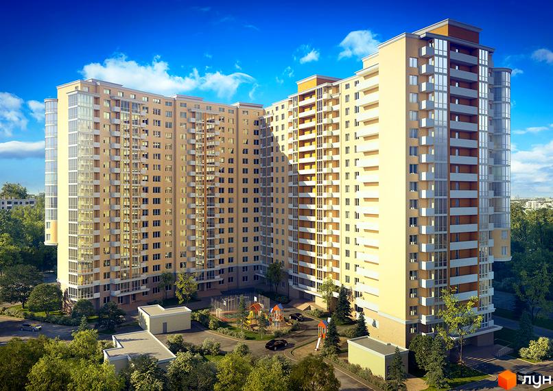 Новобудова Новомостицький: багатоповерховий будинок світлого кольору з балконами та скляними секціями. На прибудинковій території є дитячий майданчик та зелені насадження.