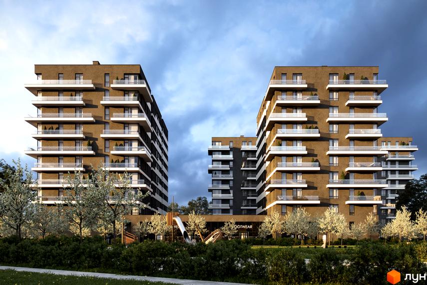 Новобудова Avalon Flex з коричневим фасадом та білими балконами на тлі хмарного неба. Поруч розташований дитячий майданчик та дерева.