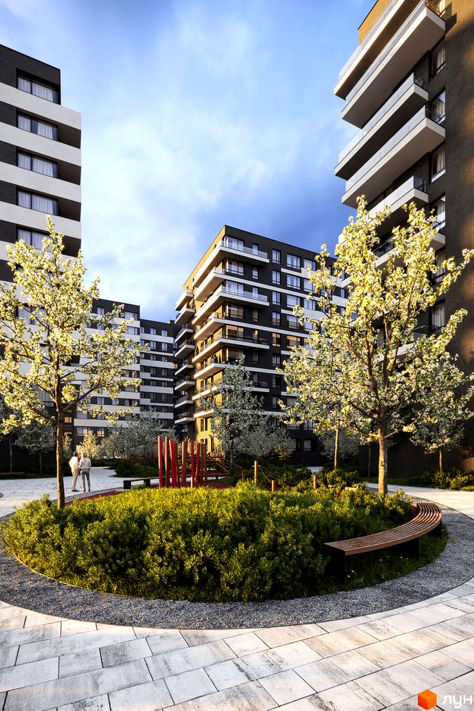 Зображення будинків Житлового комплексу Avalon Flex з великими вікнами та балконами. На території є дерева та дитячий майданчик.