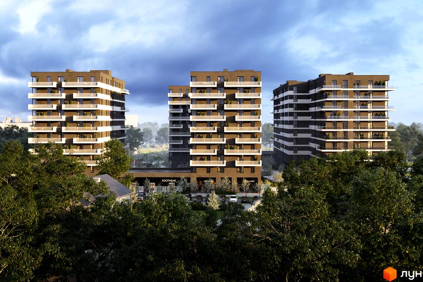 Зображення Будівельного проєкту Avalon Flex: три багатоповерхові будинки з балконами та зеленою прибудинковою територією.