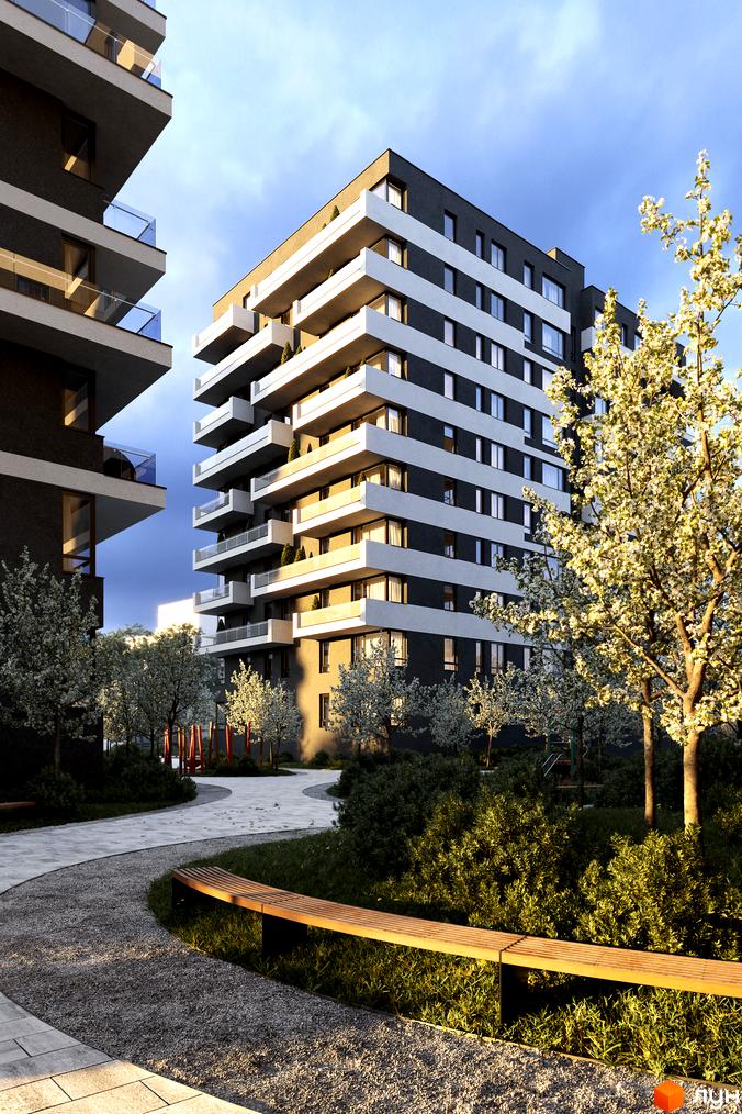 Житловий комплекс Avalon Flex з білими балконами та темним фасадом, оточений квітучими деревами та зеленою зоною відпочинку з лавкою.