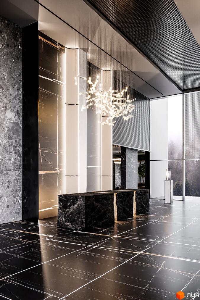 Інтер'єр Rusaniv Residence з мармуровими стільницями та підлогою, сучасними світильниками та великими вікнами з видом на ліс.