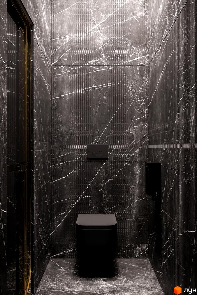 Сучасний дизайн ванної кімнати в чорному мармурі з підсвічуванням. Ванна кімната в житловому комплексі Rusaniv Residence.