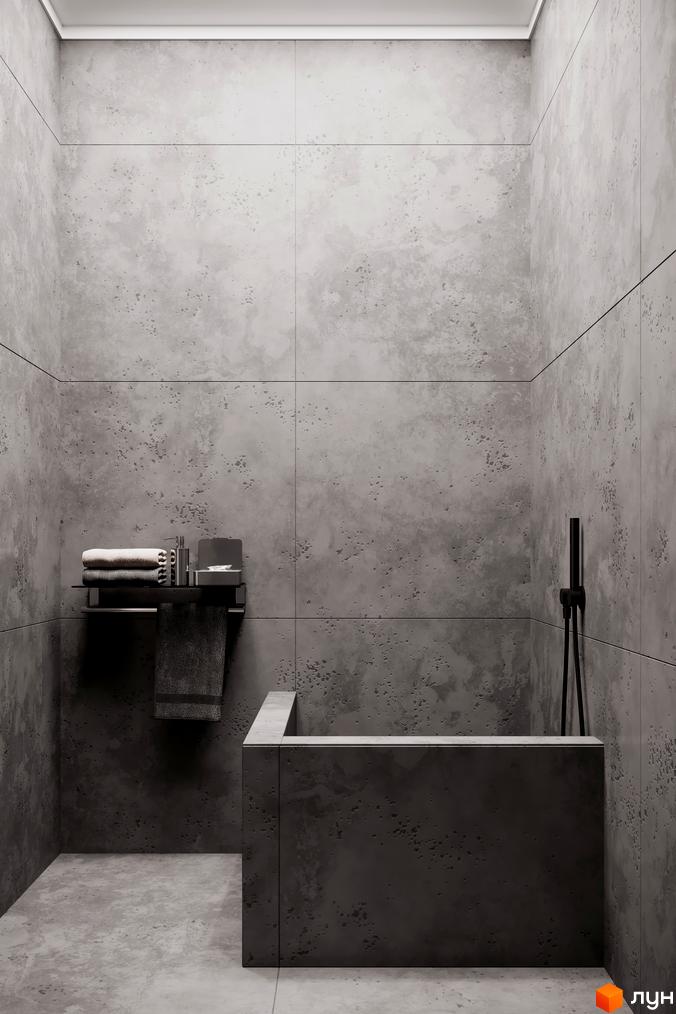 Сучасний дизайн ванної кімнати з сірими бетонними стінами та підлогою, вбудованою ванною та душовою системою.